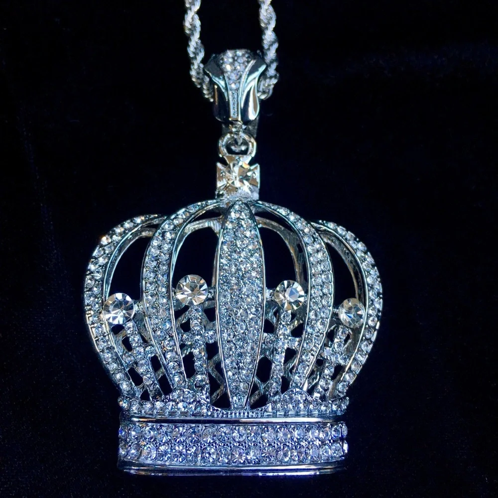 NEW BIG CROWN 18K WHITE GOLD DIAMONDS CZ CHAIN NECKLACE MADE IN ITALY